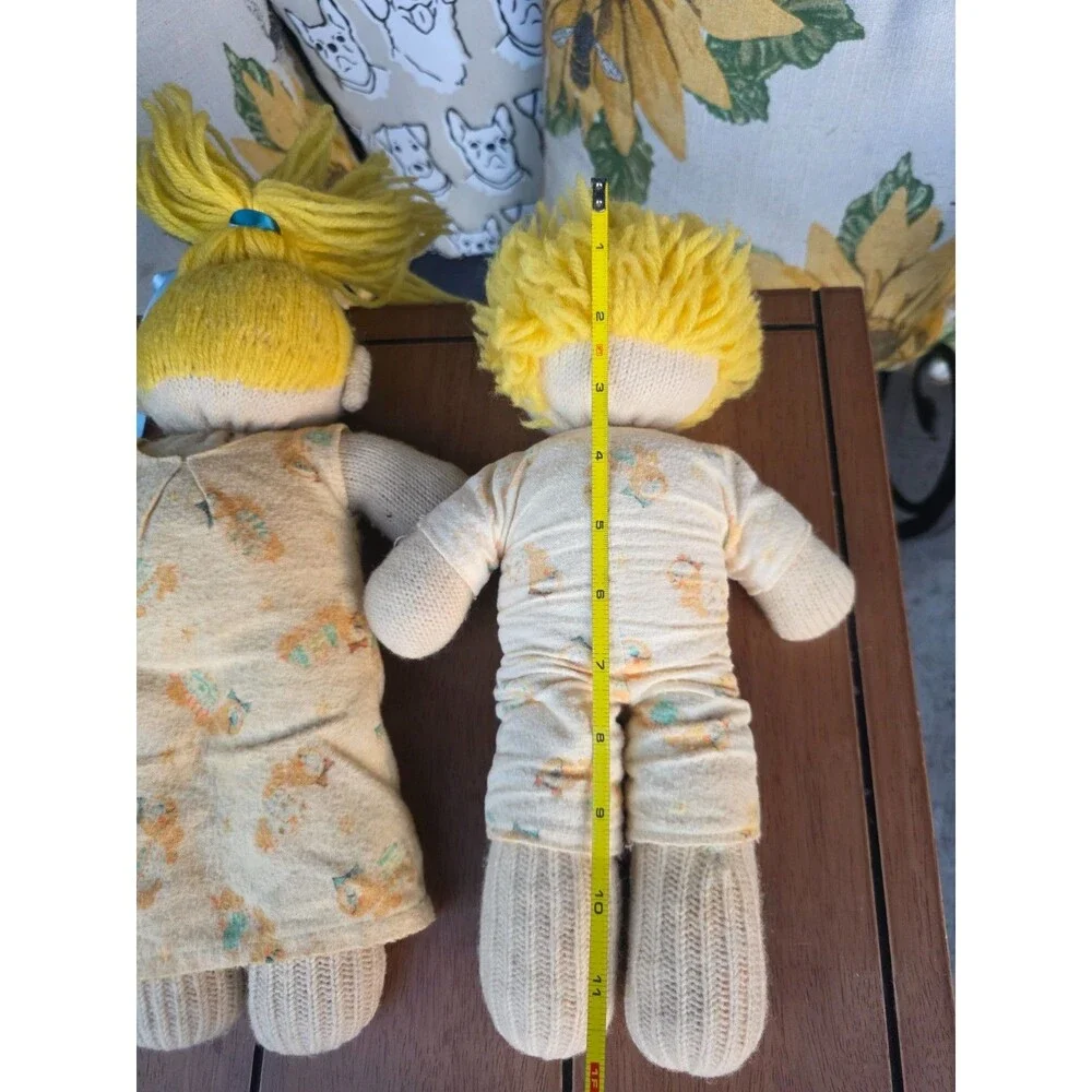 Vintage Knit Cloth Dolls Boy & Girl Pair Yellow Hair Yellow Animal Print Outfit